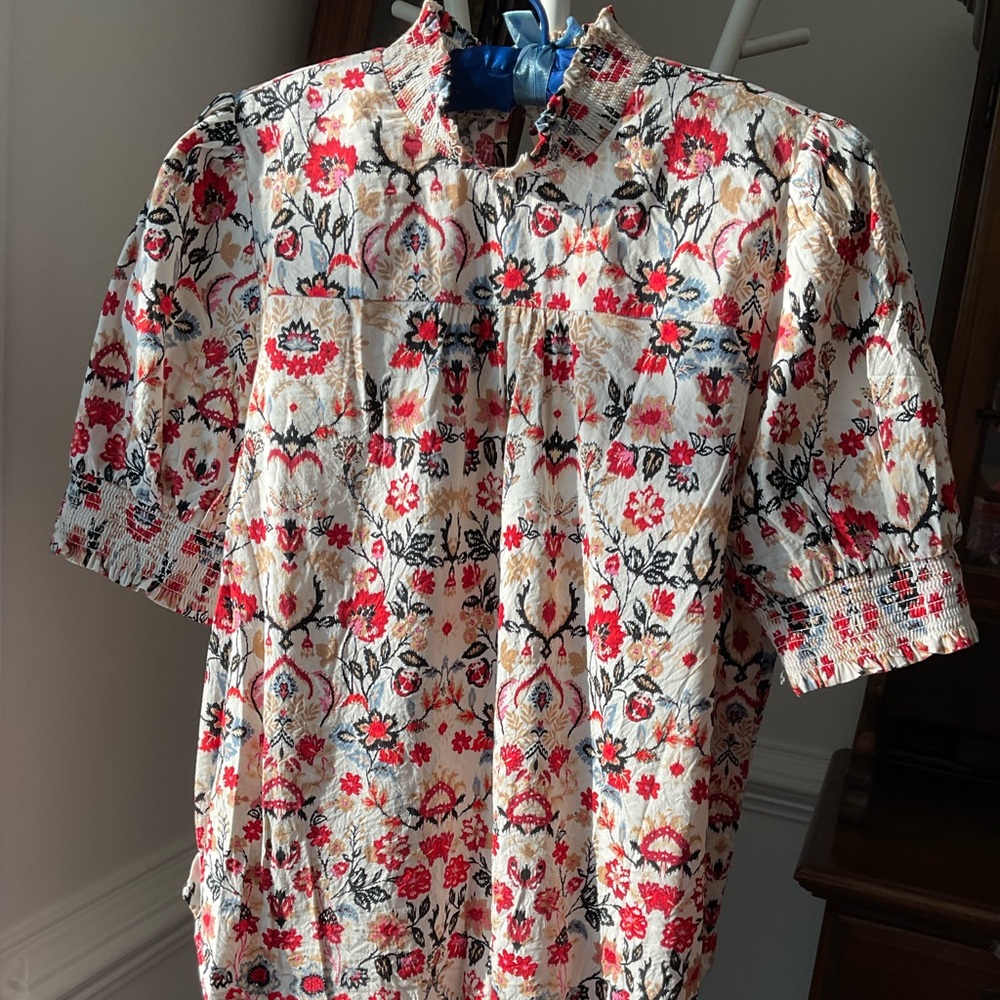 LOFT Multicolor Floral Knit mock neck smocked puff sleeves